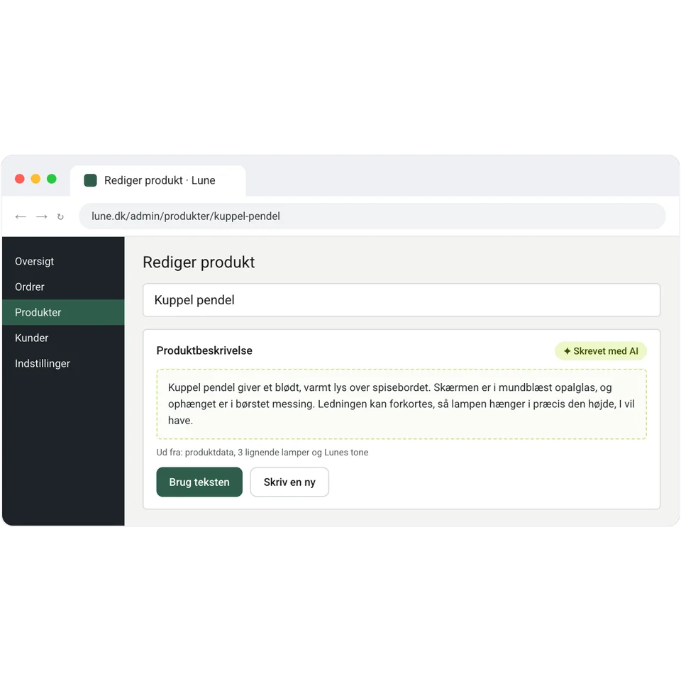 En produkttekst skrevet med AI direkte på produktsiden i webshoppen.