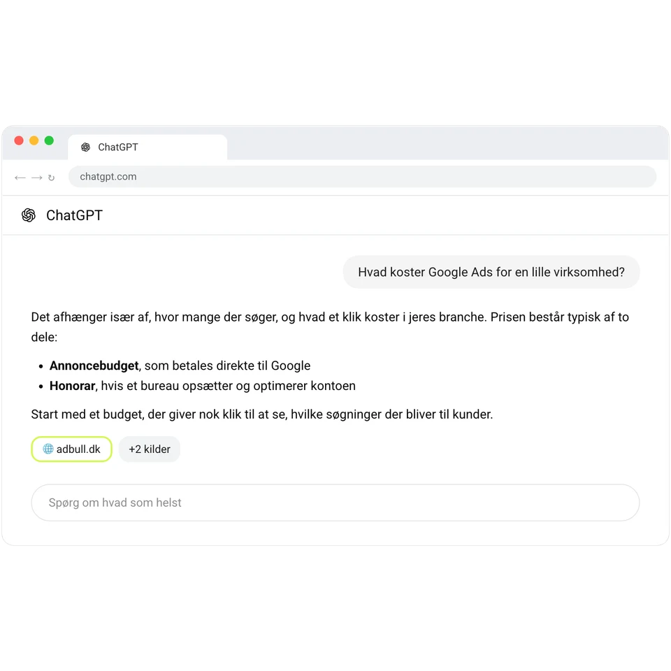 ChatGPT svarer på, hvad Google Ads koster, og bruger adbull.dk som kilde.