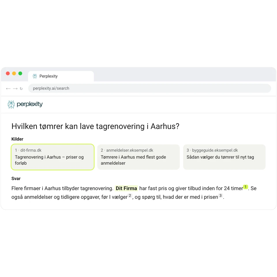 Perplexity svarer på, hvilken tømrer der kan lave tagrenovering i Aarhus, nævner virksomheden og bruger dens hjemmeside som kilde.