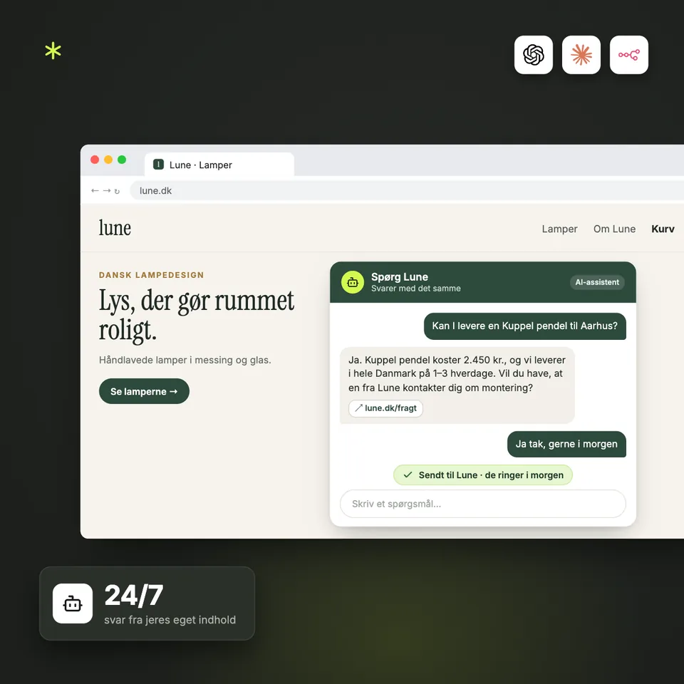 En AI-chatbot på en webshop for lamper svarer en kunde ud fra butikkens eget indhold og sender henvendelsen videre. Svar døgnet rundt.