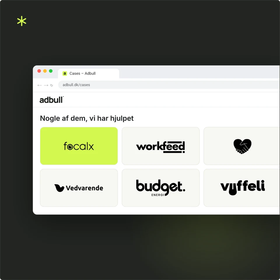 Logoer fra virksomheder, Adbull har arbejdet med: FocalX, Workfeed, Healper, Vedvarende, Budget Energi og Vuffeli.