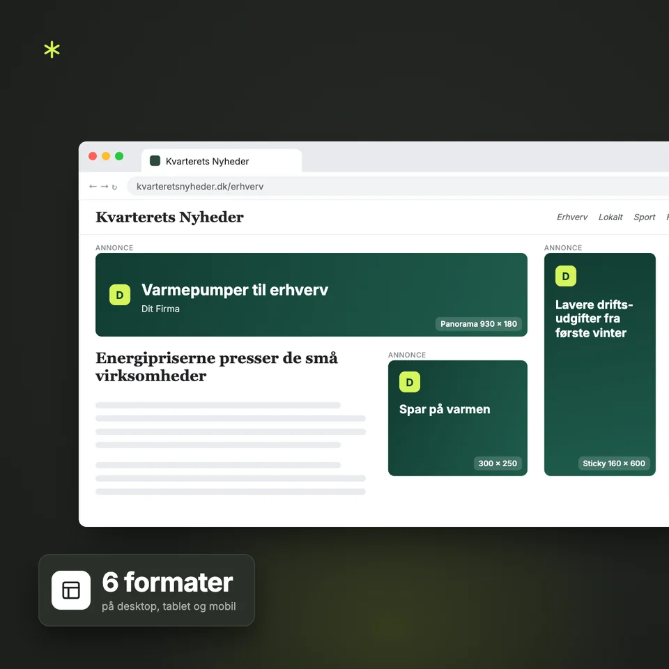Et dansk nyhedssite, hvor et panoramabanner, et artikelbanner og et sticky-banner bliver vist ét ad gangen. Seks formater på desktop, tablet og mobil.