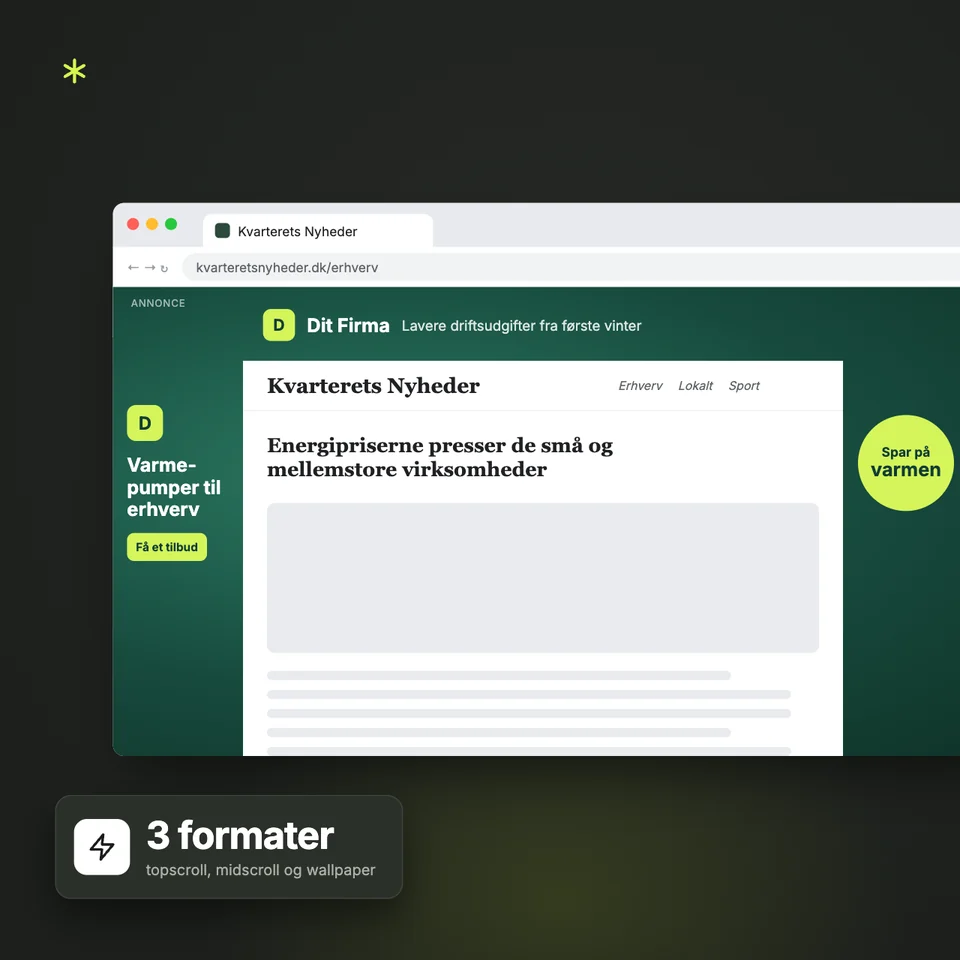 Tre high-impact formater efter hinanden på et nyhedssite: et topscroll-banner åbner sig øverst, et midscroll-banner står stille midt i artiklen, og et wallpaper rammer hele sitet ind.