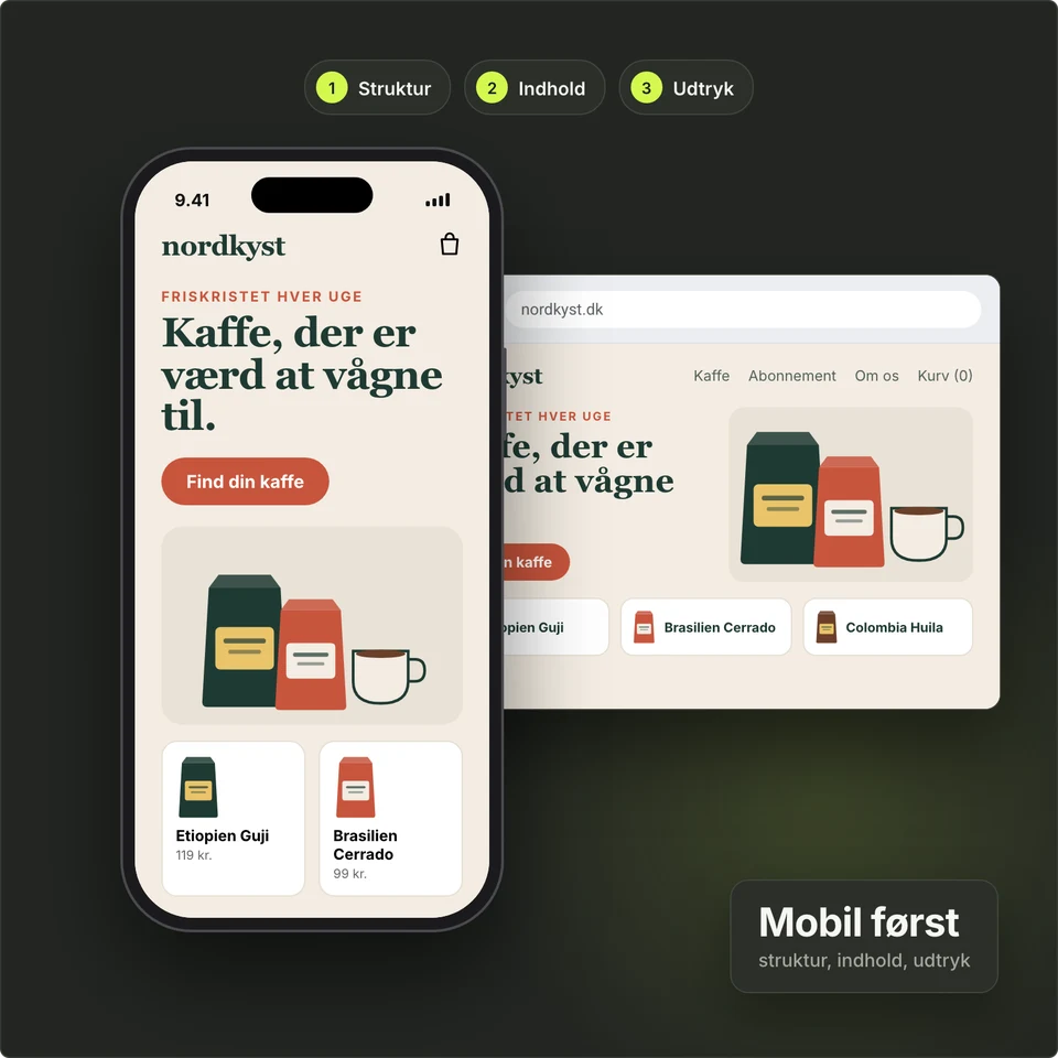 Webdesign i tre trin: struktur, indhold og udtryk. En hjemmeside for et kafferisteri bygges først på en iPhone og vises derefter på computer.