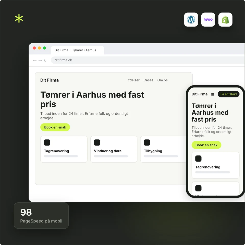 En hjemmeside på computer og mobil med 98 i PageSpeed på mobil.