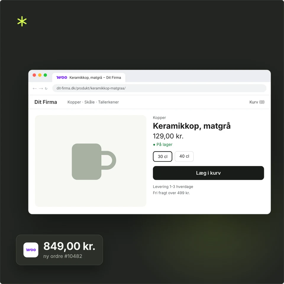 Produktside i en WooCommerce-webshop med pris, varianter og Læg i kurv.