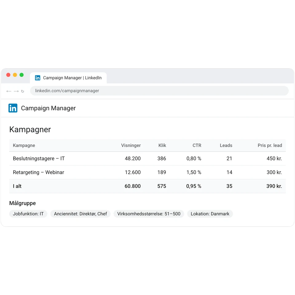 LinkedIn Campaign Manager med visninger, klik, CTR, leads og pris pr. lead.