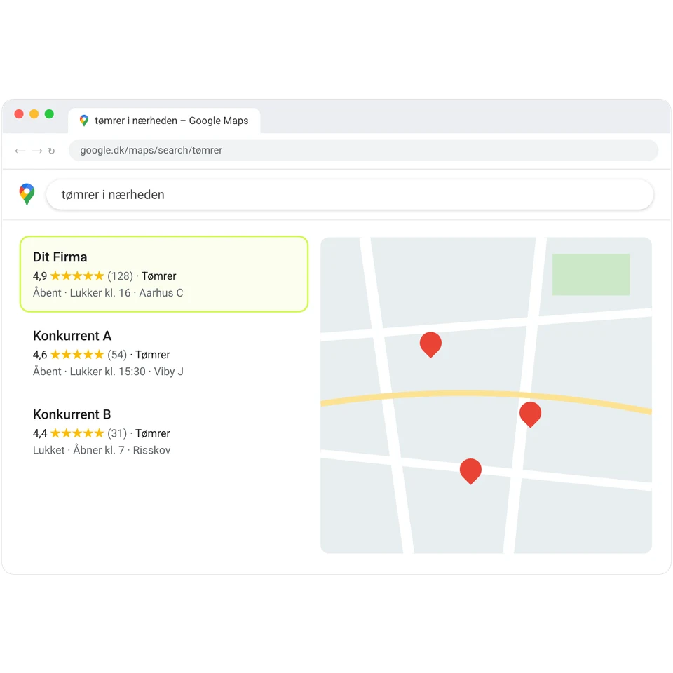 Lokale resultater i Google Maps, hvor virksomheden ligger øverst.