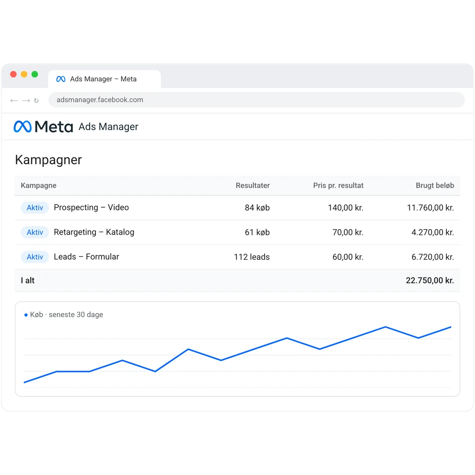 Meta Ads Manager med kampagner, resultater, pris pr. resultat og brugt beløb.