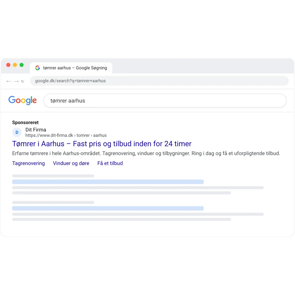 Sponsoreret søgeannonce øverst i Googles resultater for søgningen tømrer aarhus.