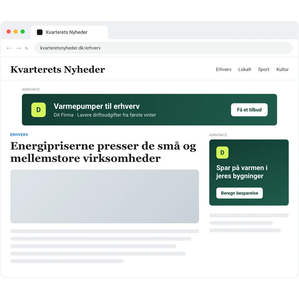 Annoncer i formaterne 728 × 90 og 300 × 250 på et dansk nyhedssite.