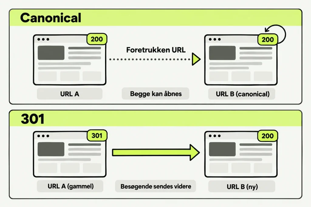 Øverste række viser to tilgængelige URL-varianter med canonical til én af dem. Nederste række viser en gammel adresse, der sender direkte til den nye med 301.