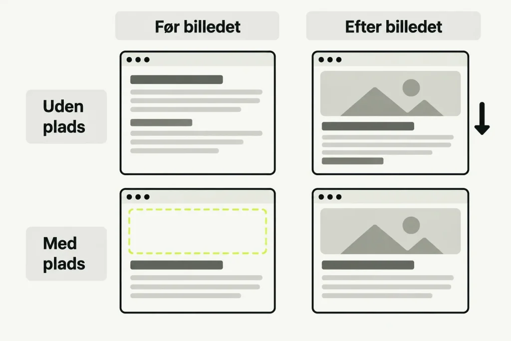 To indlæsningsforløb: Uden billedplads skubbes teksten ned; med reserveret plads bliver tekstens position bevaret.