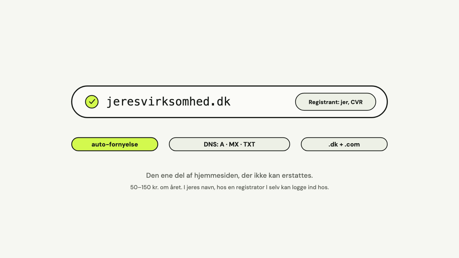 Et domænenavn i en adresselinje med et flueben, mærket registrant: jer, CVR, og tre mærkater: auto-fornyelse, DNS-poster og .dk plus .com.