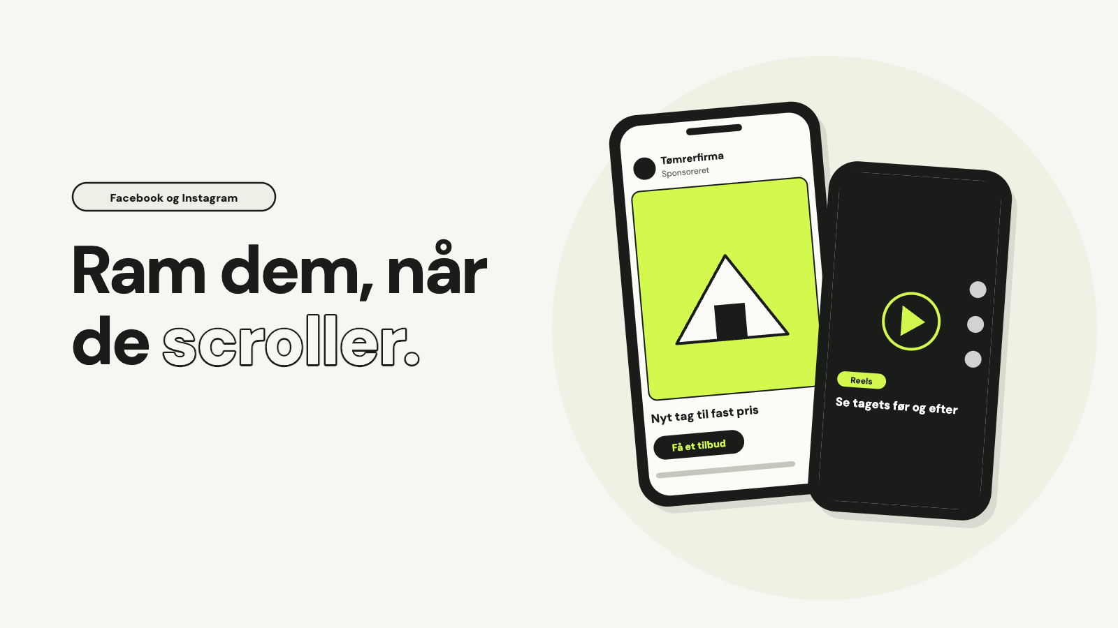 To telefoner: en Facebook-annonce fra et tømrerfirma med teksten Nyt tag til fast pris og knappen Få et tilbud, og en Reels-video med teksten Se tagets før og efter, med overskriften Ram dem, når de scroller.