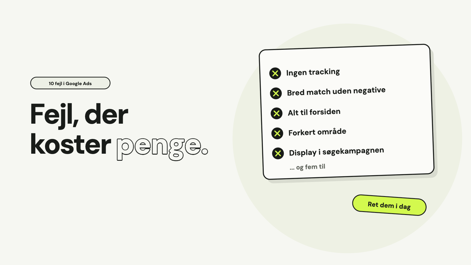 En liste med fem fejl markeret med kryds: ingen tracking, bred match uden negative, alt til forsiden, forkert område og Display i søgekampagnen, og fem til, med teksten Fejl, der koster penge.