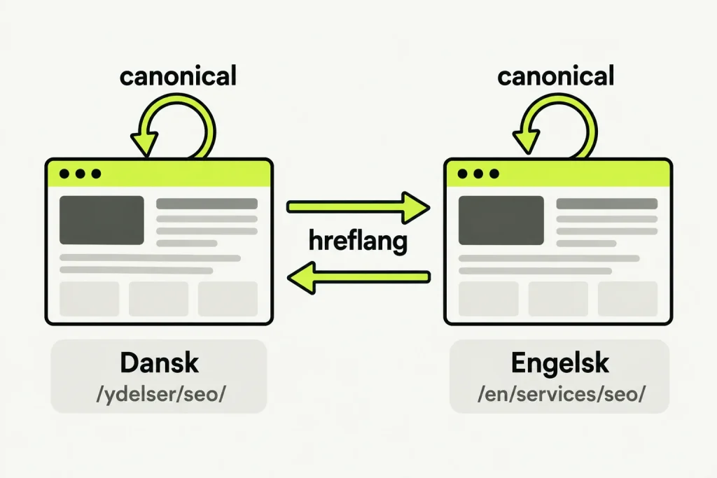 En dansk og en engelsk side har en gensidig hreflang-forbindelse og en canonical-pil, som peger tilbage på hver sin side.