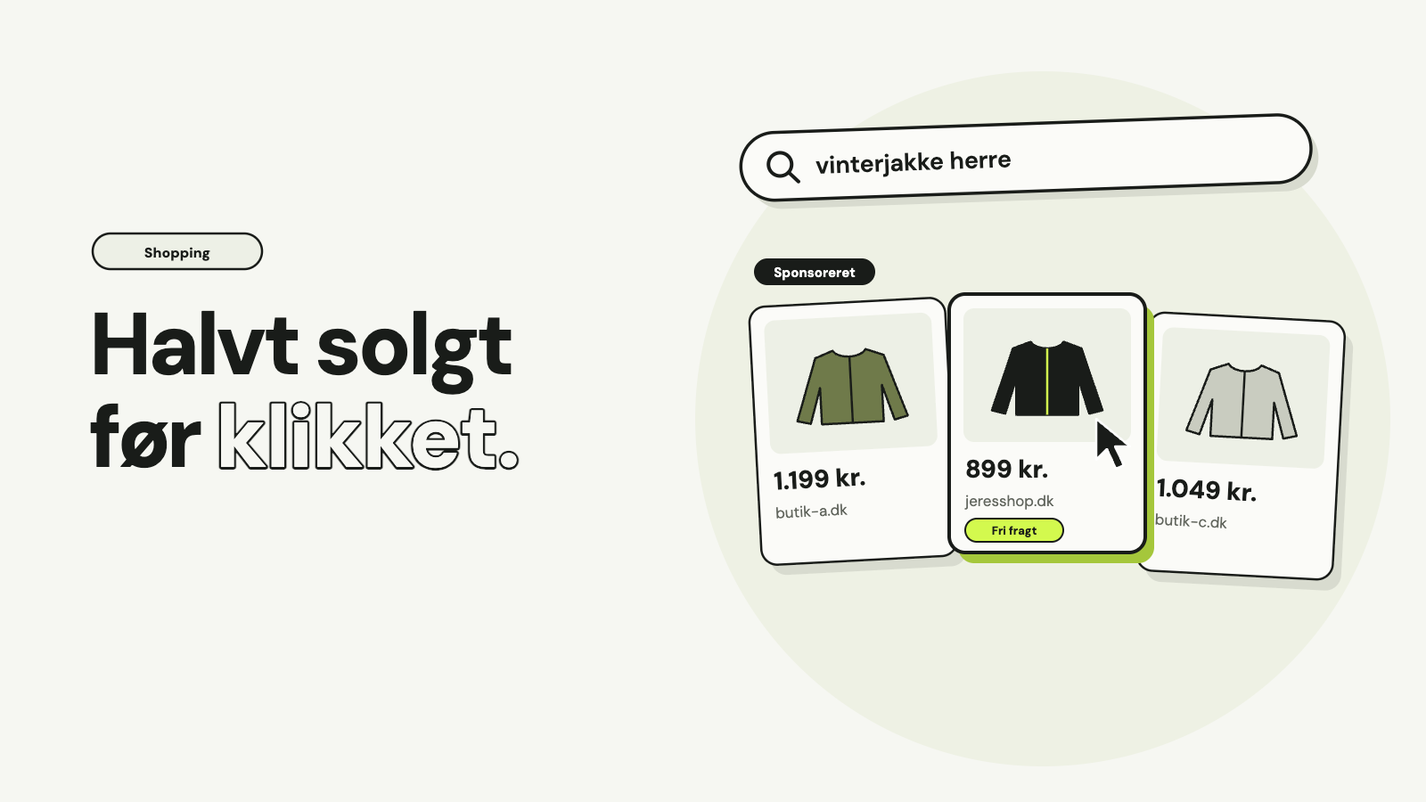 Søgning efter vinterjakke herre med tre sponsorerede produktannoncer, hvor den billigste jakke til 899 kr. med fri fragt bliver valgt, og teksten Halvt solgt før klikket