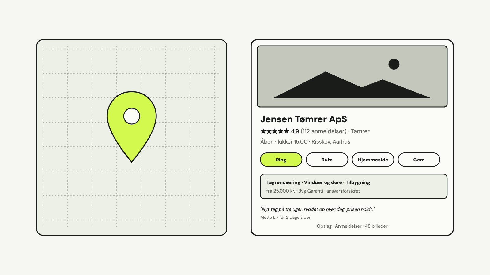 Et kort med en nål ved siden af en Google-profilboks for en tømrer med billede, 4,9 stjerner, åbningstid, knapperne ring, rute og hjemmeside, ydelser med pris og en anmeldelse.