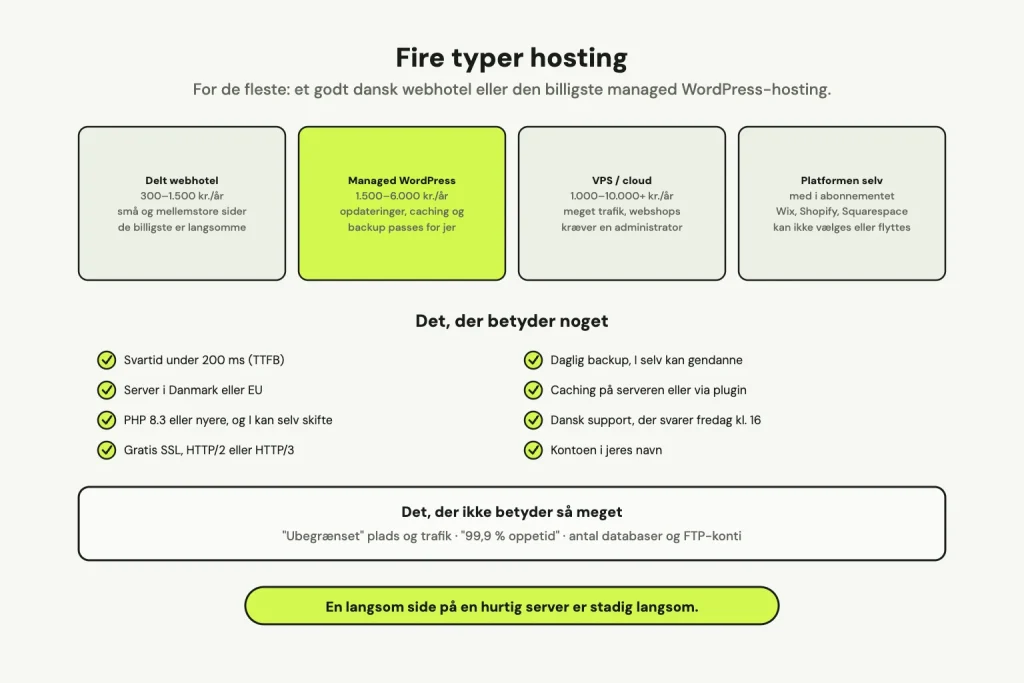 Fire typer hosting med pris og hvem de passer til: delt webhotel, managed WordPress, VPS/cloud og platformen selv. Derunder otte ting, der betyder noget, og det, der ikke gør.