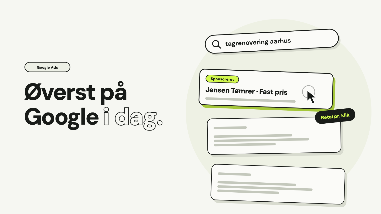 Søgning efter tagrenovering i Aarhus med en sponsoreret annonce øverst, der bliver klikket på, og teksten Øverst på Google i dag