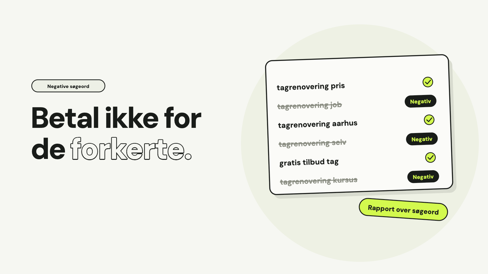 En liste fra rapporten over søgeord, hvor tagrenovering pris, aarhus og gratis tilbud har et flueben, mens tagrenovering job, selv og kursus er streget ud og markeret Negativ, med teksten Betal ikke for de forkerte.
