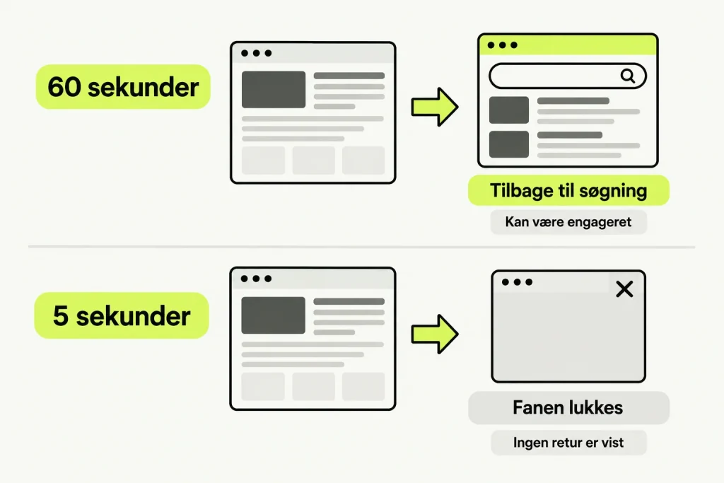 To eksempler: Et besøg på 60 sekunder efterfølges af et tilbageklik til søgningen; et besøg på 5 sekunder ender med en lukket fane.