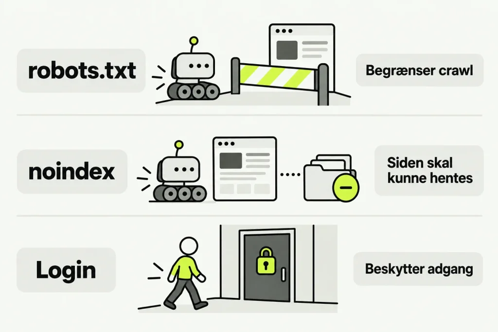 Tre adskilte funktioner: robots.txt stopper hentning, noindex holder en hentet side ude af indekset, og login begrænser besøgendes adgang.