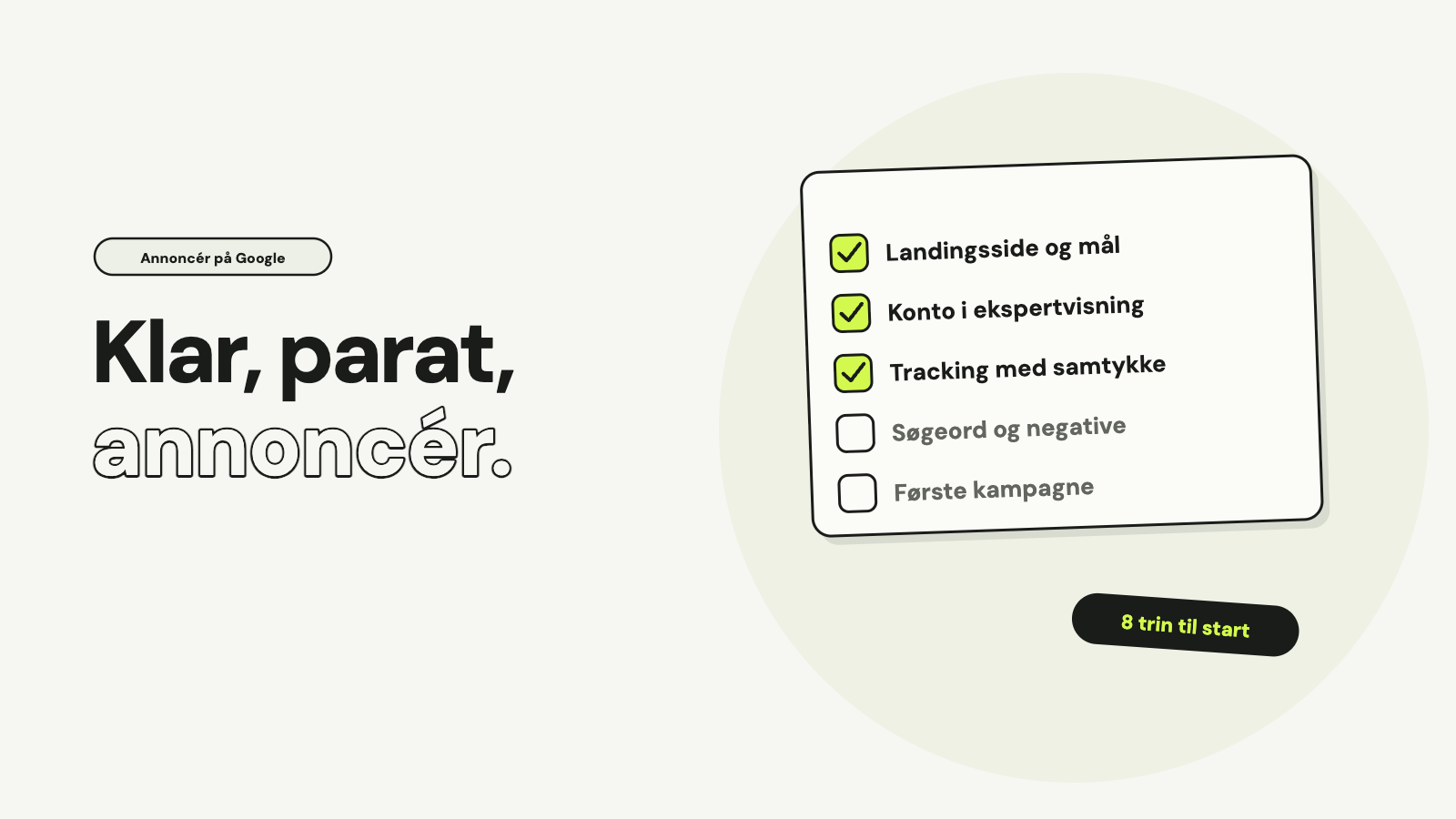 En tjekliste, hvor landingsside og mål, konto i ekspertvisning og tracking med samtykke er krydset af, mens søgeord og negative og første kampagne mangler, med teksten Klar, parat, annoncér.
