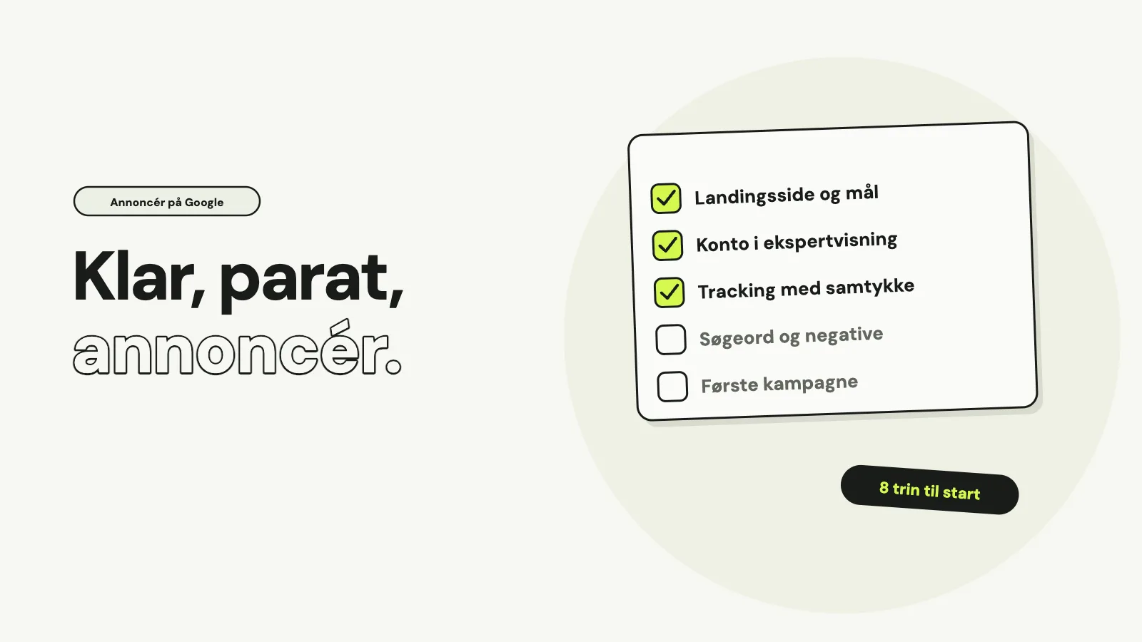 En tjekliste, hvor landingsside og mål, konto i ekspertvisning og tracking med samtykke er krydset af, mens søgeord og negative og første kampagne mangler, med teksten Klar, parat, annoncér.