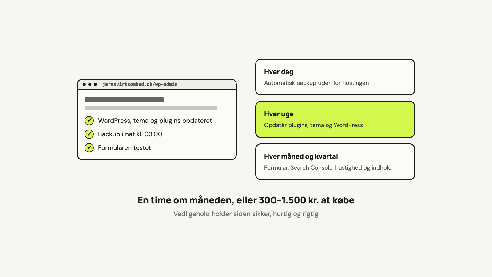 Et WordPress-kontrolpanel med flueben for opdateringer, nattens backup og testet formular ved siden af tre kort: backup hver dag, opdateringer hver uge og tjek hver måned og kvartal.