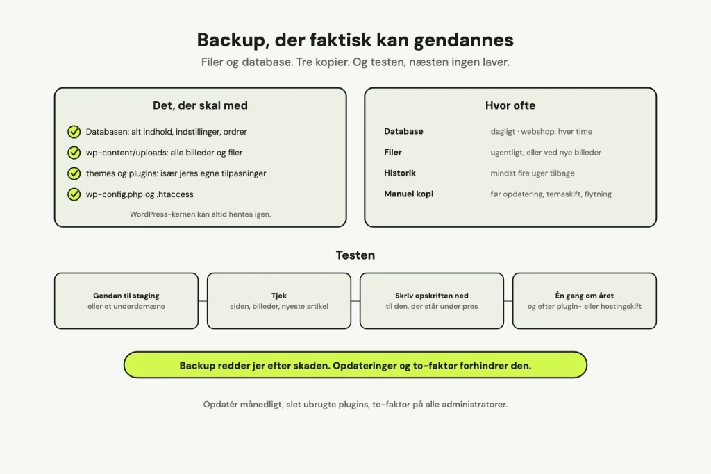 Det, der skal med i en WordPress-backup, hvor ofte database og filer skal sikres, de fire trin i en gendannelsestest, og rådet om opdateringer og to-faktor.