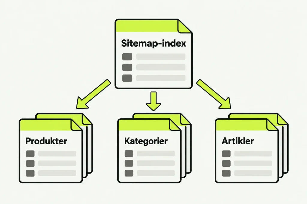 Sitemap-index øverst peger på tre separate filer med henholdsvis produkter, kategorier og artikler.